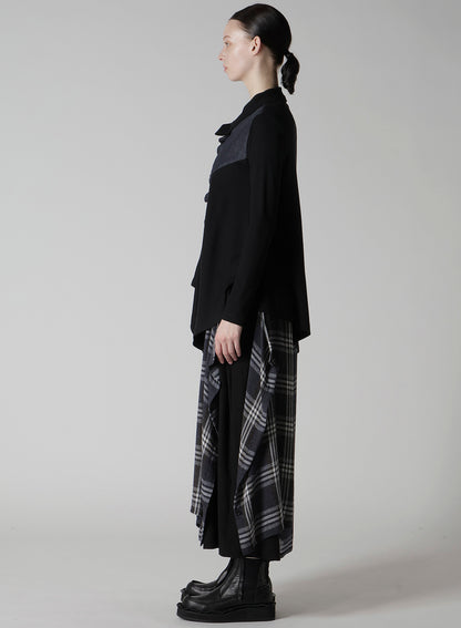 RIB/DENIM COMBINATION FLARE T WITH GATHERS