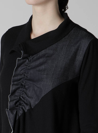 RIB/DENIM COMBINATION FLARE T WITH GATHERS
