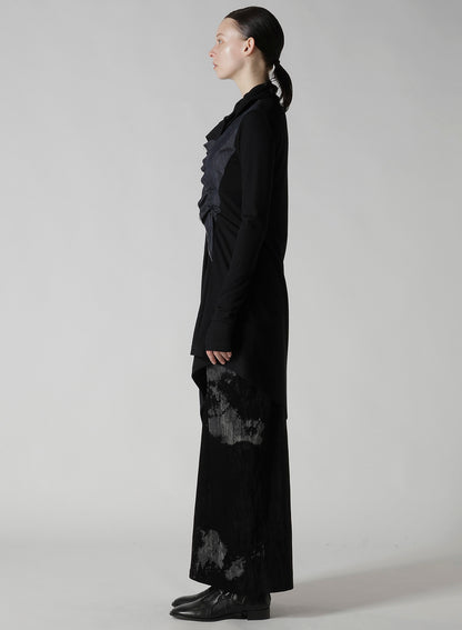 RIB/DENIM COMBINATION LONG T WITH GATHERS