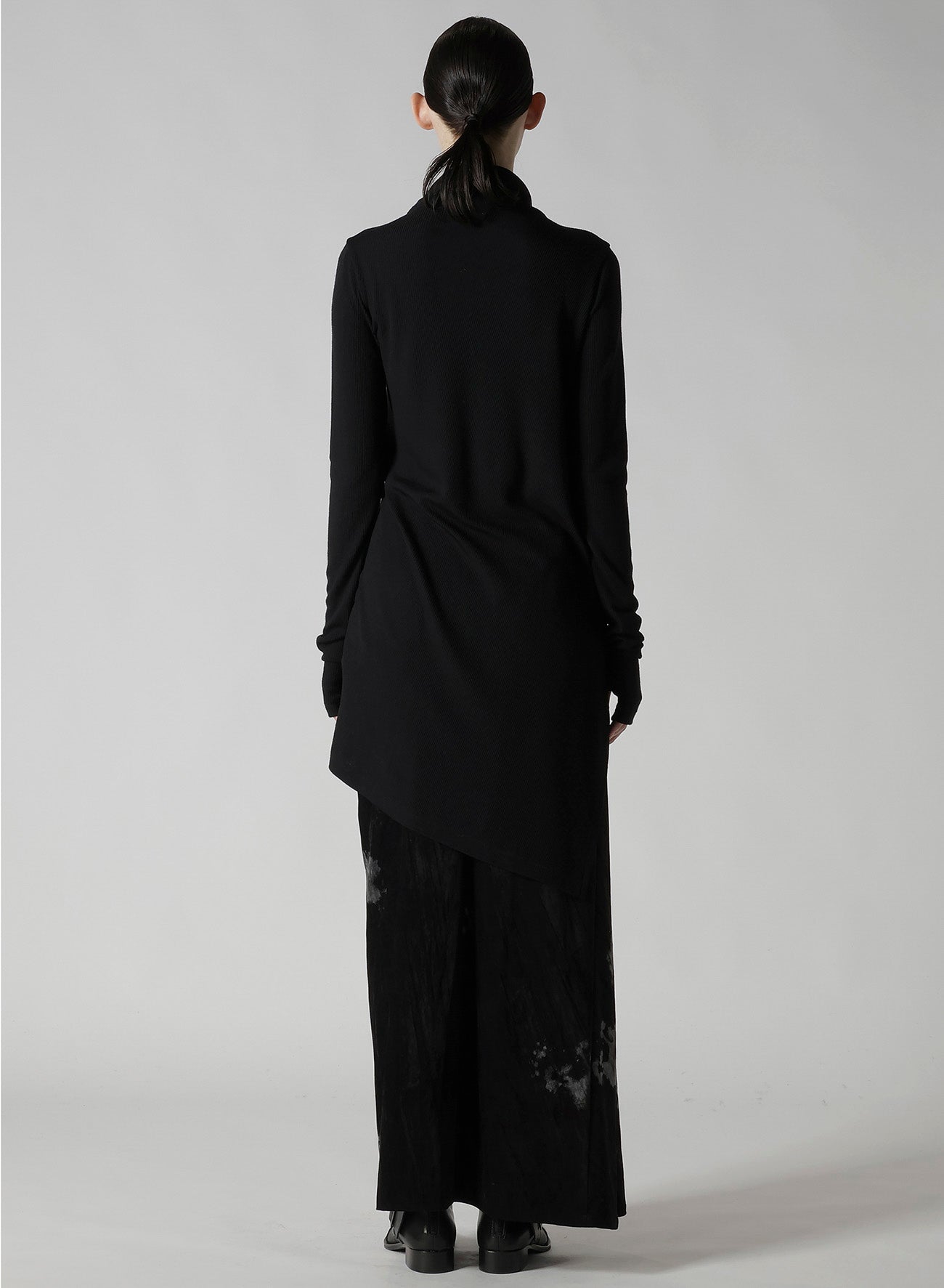 RIB/DENIM COMBINATION LONG T WITH GATHERS