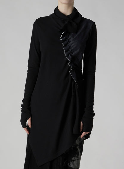 RIB/DENIM COMBINATION LONG T WITH GATHERS