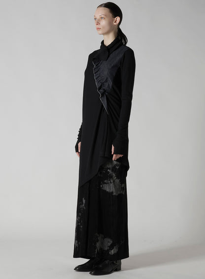 RIB/DENIM COMBINATION LONG T WITH GATHERS