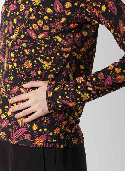 FLOWER PRINT PE JERSEY U-NECK T