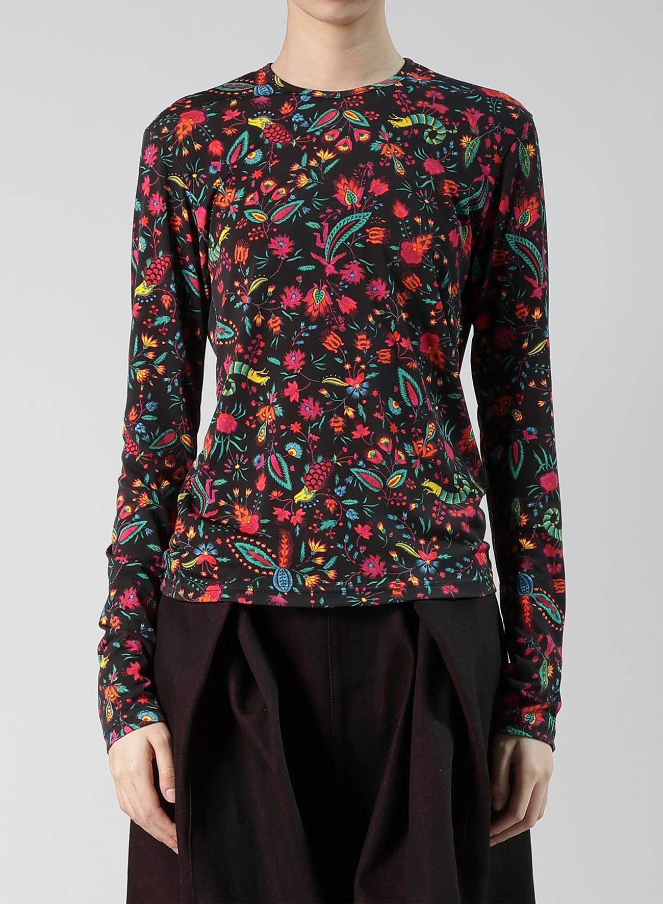 FLOWER PRINT PE JERSEY U-NECK T
