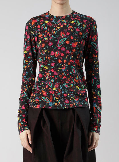 FLOWER PRINT PE JERSEY U-NECK T