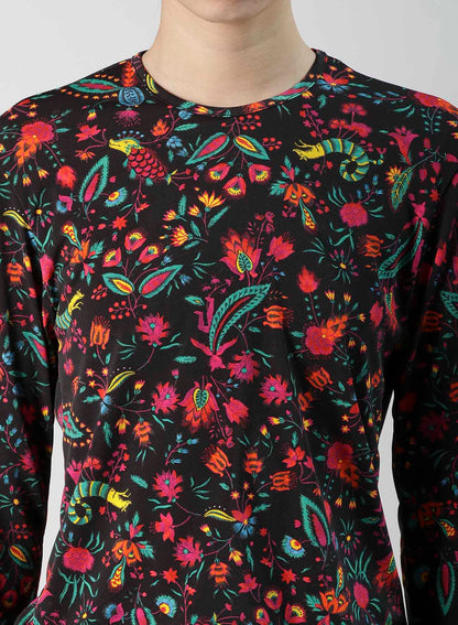 FLOWER PRINT PE JERSEY U-NECK T