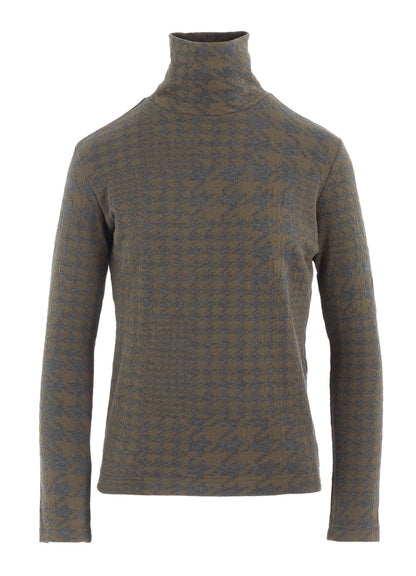 HOUNDSTOOTH UNBALANCED HIGH NECK LONG SLEEVE T