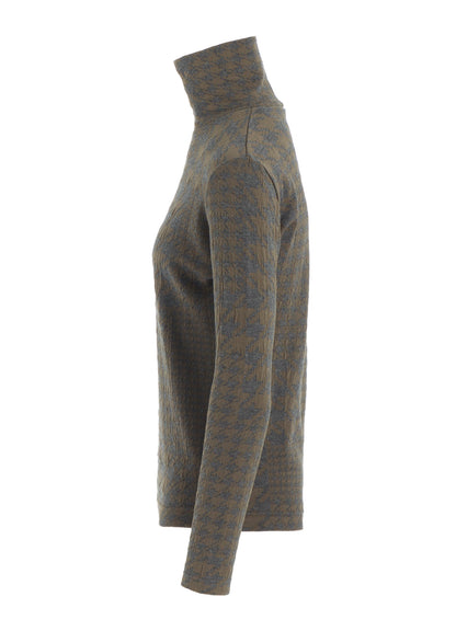 HOUNDSTOOTH UNBALANCED HIGH NECK LONG SLEEVE T