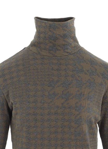 HOUNDSTOOTH UNBALANCED HIGH NECK LONG SLEEVE T