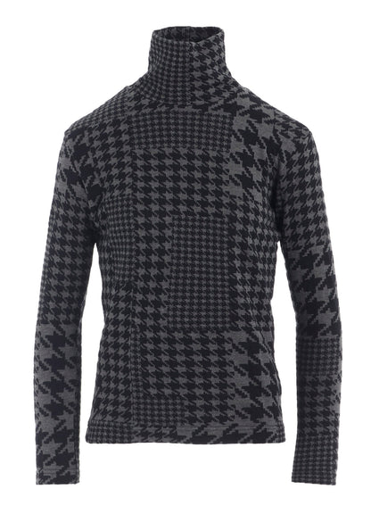 HOUNDSTOOTH UNBALANCED HIGH NECK LONG SLEEVE T