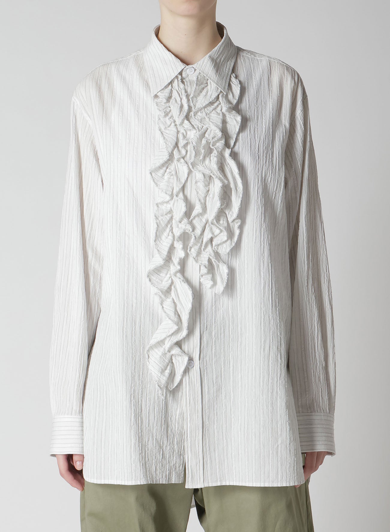 COTTON VOILE UNTRIMMED FRILL STRIPE BLOUSE