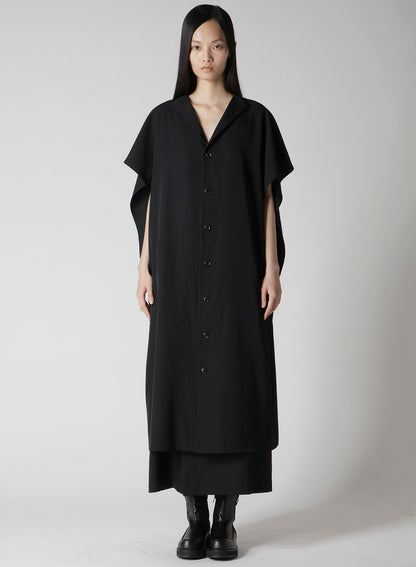 WOOL GABARDINE FLARE SLEEVE FRONT OPEN DRESS