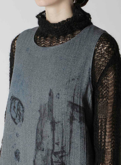 WOOL GAUZE SMUDGED POLKA DOT SLEEVLESS DRESS
