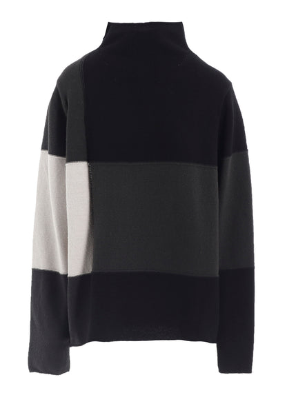 HARD-TWISTED BLOCK INTARSIA HIGH-NECK PULLOVER
