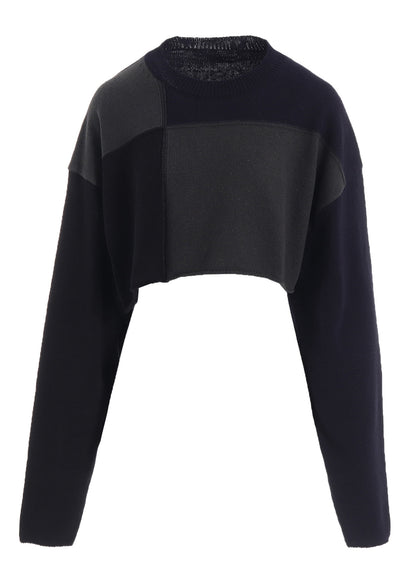 HARD-TWISTED BLOCK INTARSIA ROUND NECK SHORT PULLOVER