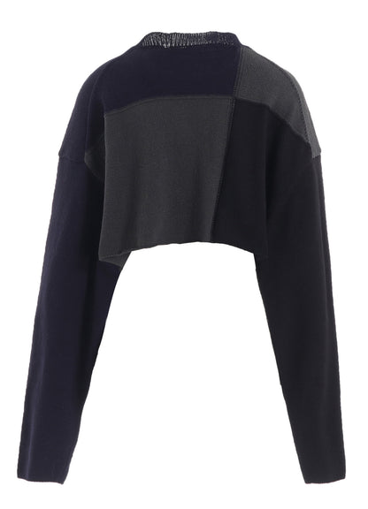 HARD-TWISTED BLOCK INTARSIA ROUND NECK SHORT PULLOVER