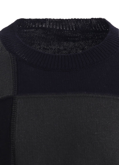 HARD-TWISTED BLOCK INTARSIA ROUND NECK SHORT PULLOVER