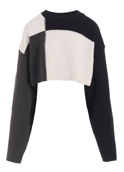 HARD-TWISTED BLOCK INTARSIA ROUND NECK SHORT PULLOVER