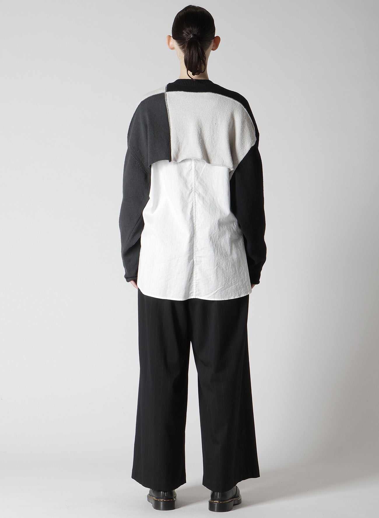 HARD-TWISTED BLOCK INTARSIA ROUND NECK SHORT PULLOVER