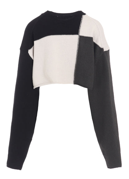 HARD-TWISTED BLOCK INTARSIA ROUND NECK SHORT PULLOVER