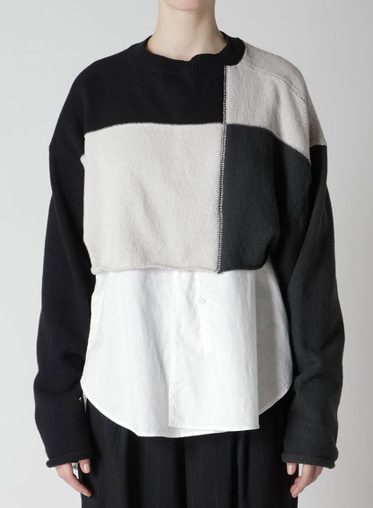 HARD-TWISTED BLOCK INTARSIA ROUND NECK SHORT PULLOVER