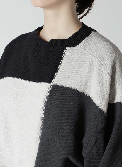 HARD-TWISTED BLOCK INTARSIA ROUND NECK SHORT PULLOVER