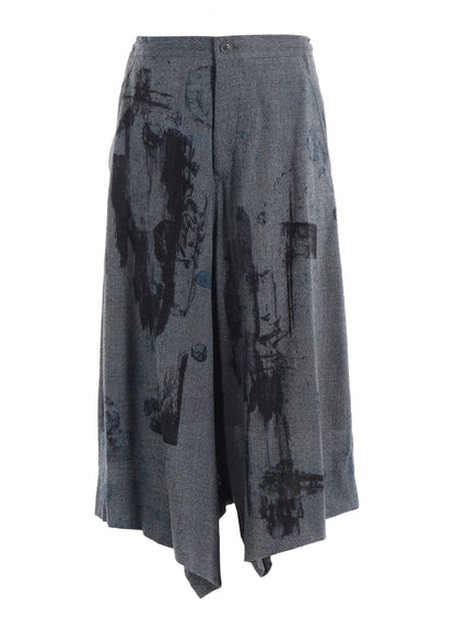 WOOL GAUZE SMUDGED POLKA DOT SLITTED RIGHT HEM PANTS