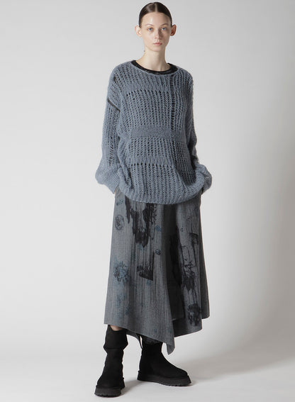 WOOL GAUZE SMUDGED POLKA DOT SLITTED RIGHT HEM PANTS