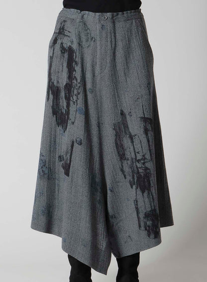 WOOL GAUZE SMUDGED POLKA DOT SLITTED RIGHT HEM PANTS