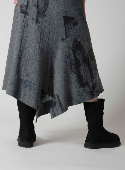 WOOL GAUZE SMUDGED POLKA DOT SLITTED RIGHT HEM PANTS