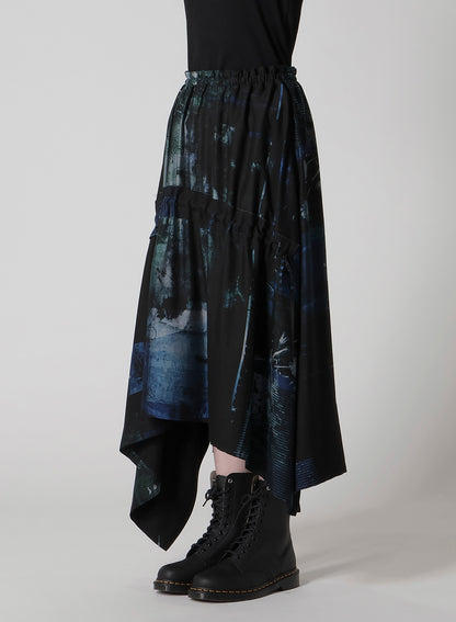 CUPRO BLURRY FLOWER PRINT SHIRRING SKIRT