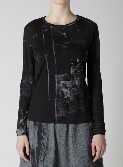 BLURRY FLOWER PRINTTED ROUND NECK LONG SLEEVE T