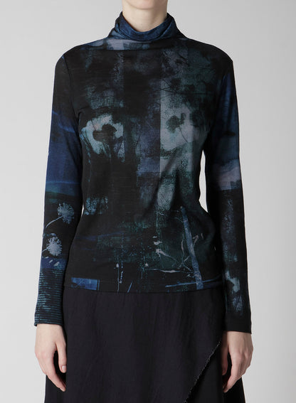 BLURRY FLOWER PRINTTED HIGH NECK LONG SLEEVE T