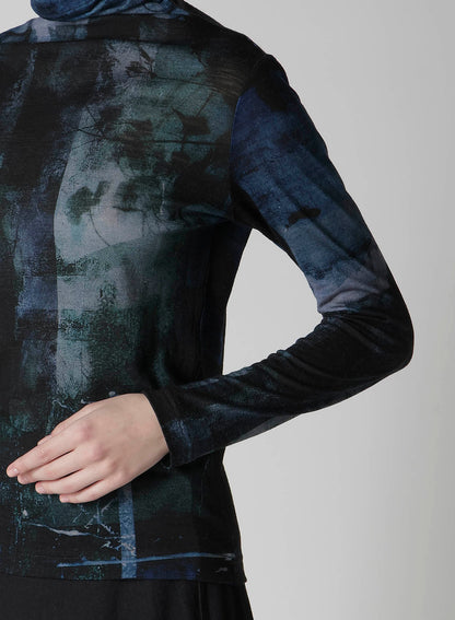 BLURRY FLOWER PRINTTED HIGH NECK LONG SLEEVE T