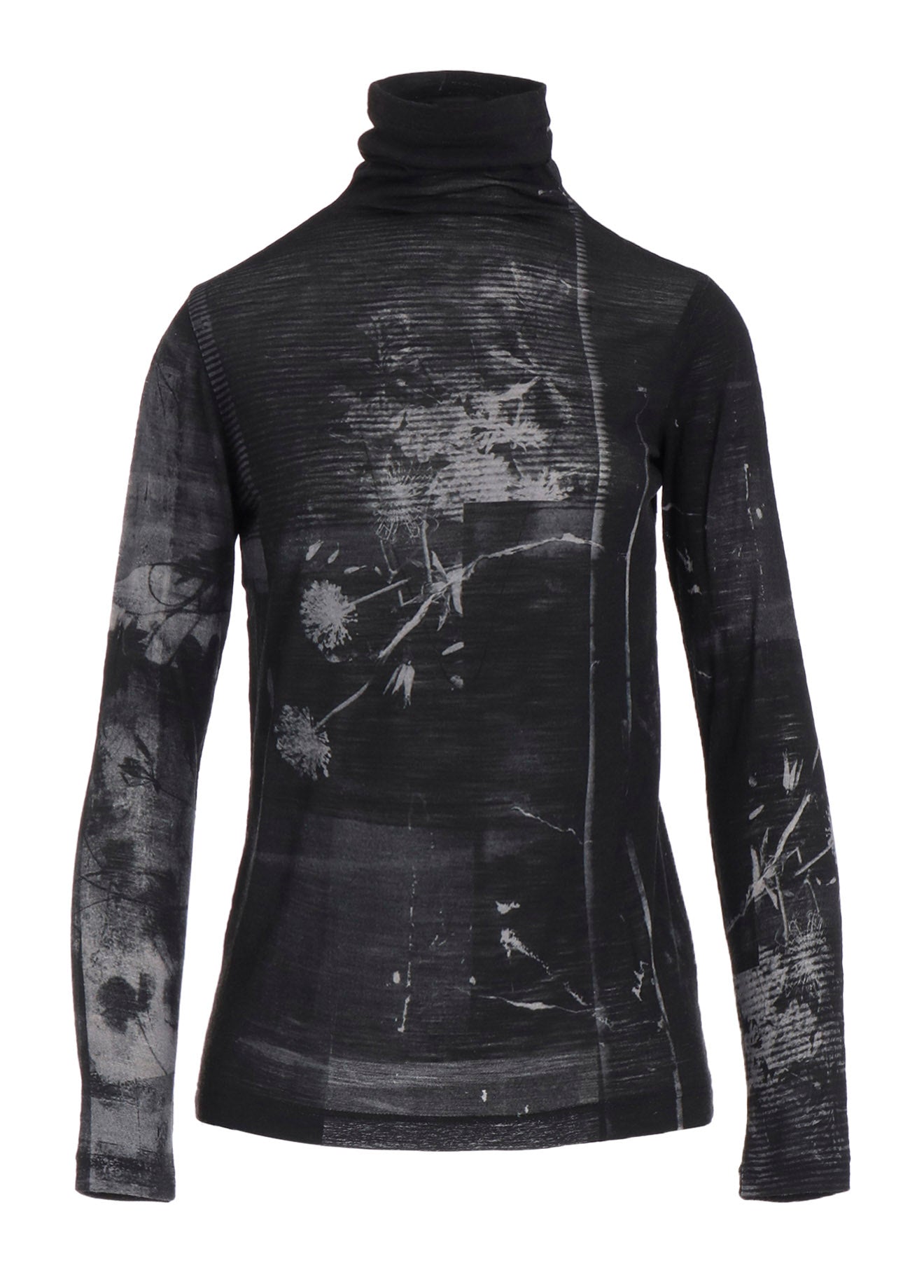 BLURRY FLOWER PRINTTED HIGH NECK LONG SLEEVE T