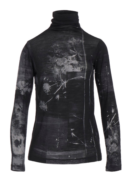 BLURRY FLOWER PRINTTED HIGH NECK LONG SLEEVE T