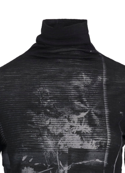 BLURRY FLOWER PRINTTED HIGH NECK LONG SLEEVE T