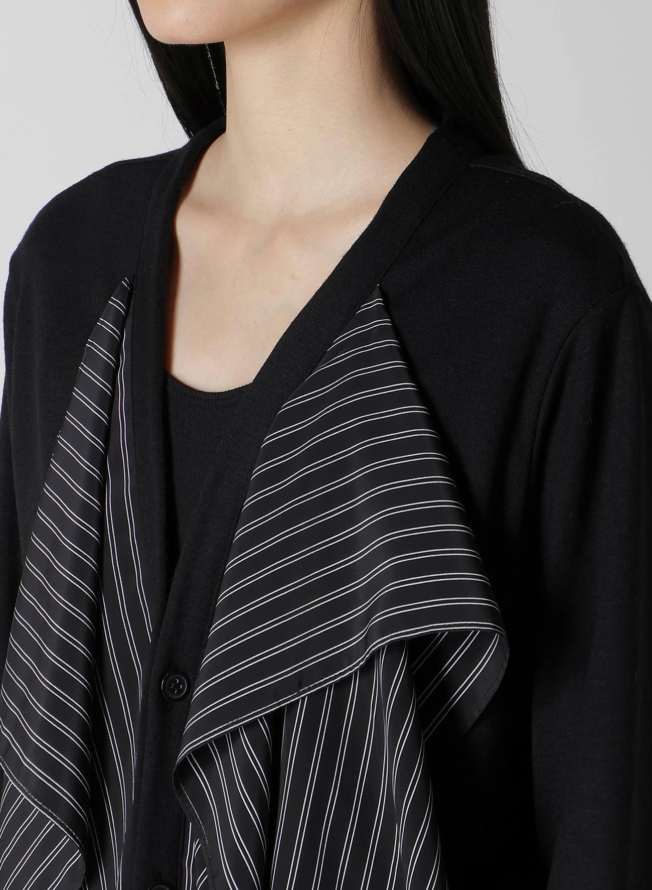 COTTON/CREPE DE CHINE FLARE 3-BUTTON CARDIGAN