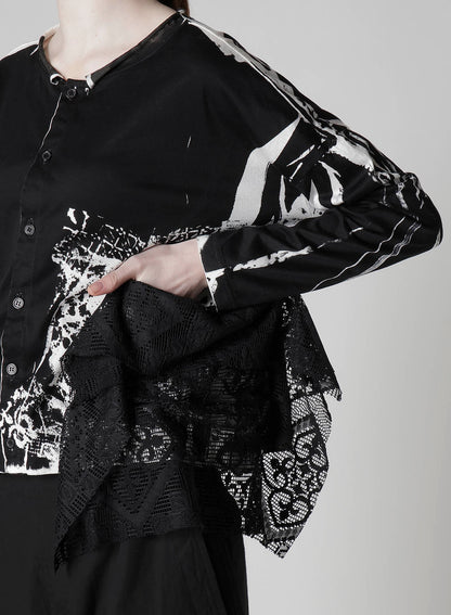 COTTON LACE/PRINT SIDE POCKET CROPPED CARDIGAN