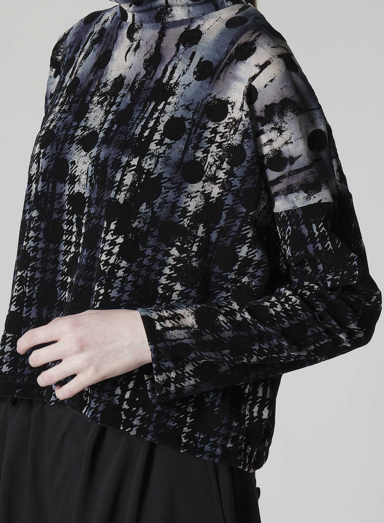 HOUNDTOOTH DOTS TULLE CROPPED HIGH-NECK T
