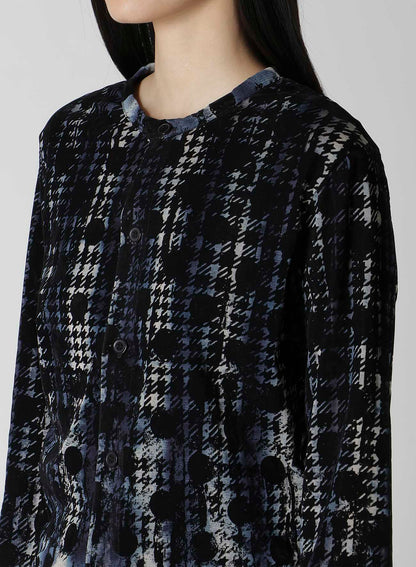 HOUNDTOOTH DOTS TULLE ROUND NECK LONG SLEEVE CARDIGAN