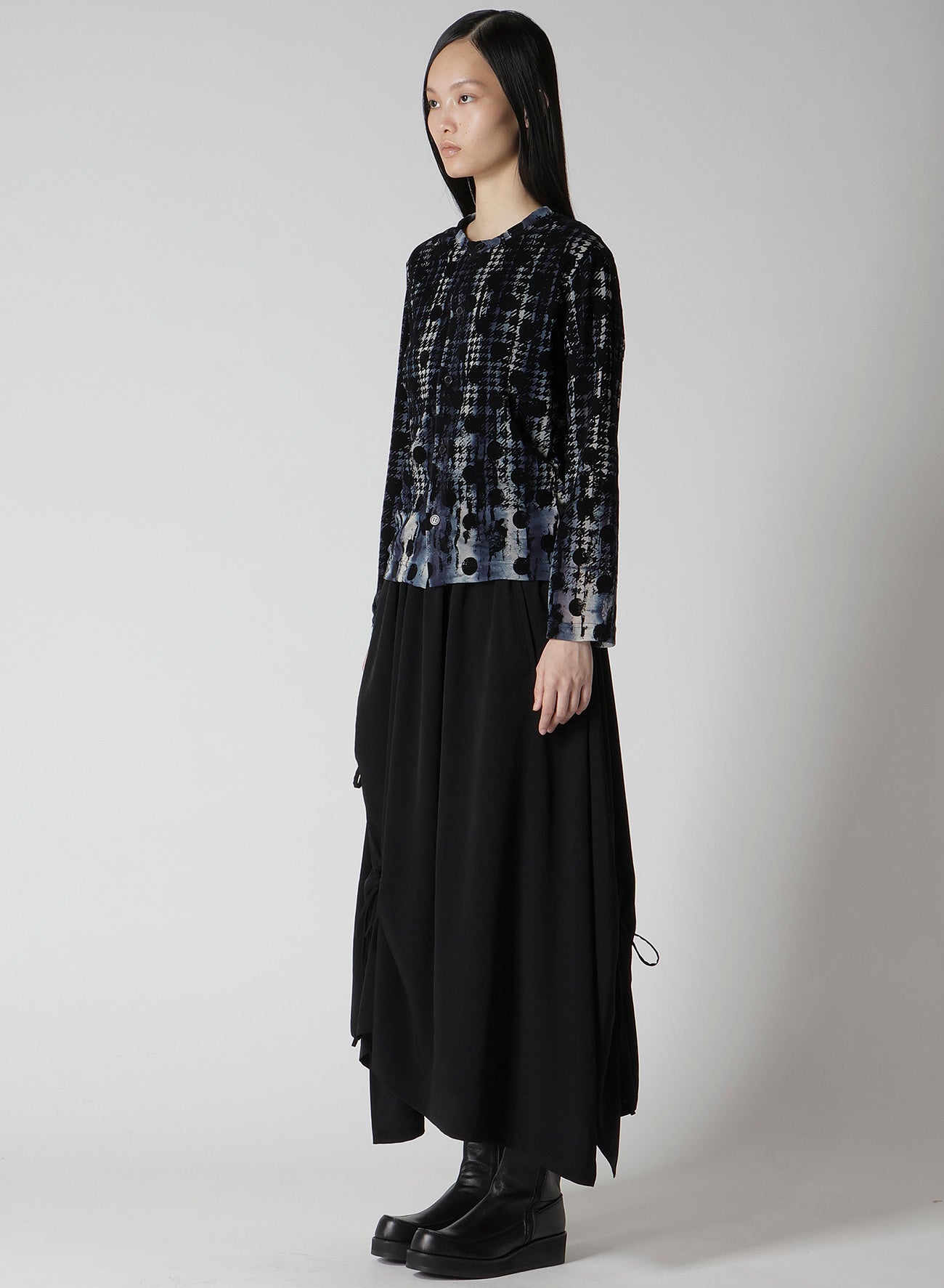 HOUNDTOOTH DOTS TULLE ROUND NECK LONG SLEEVE CARDIGAN