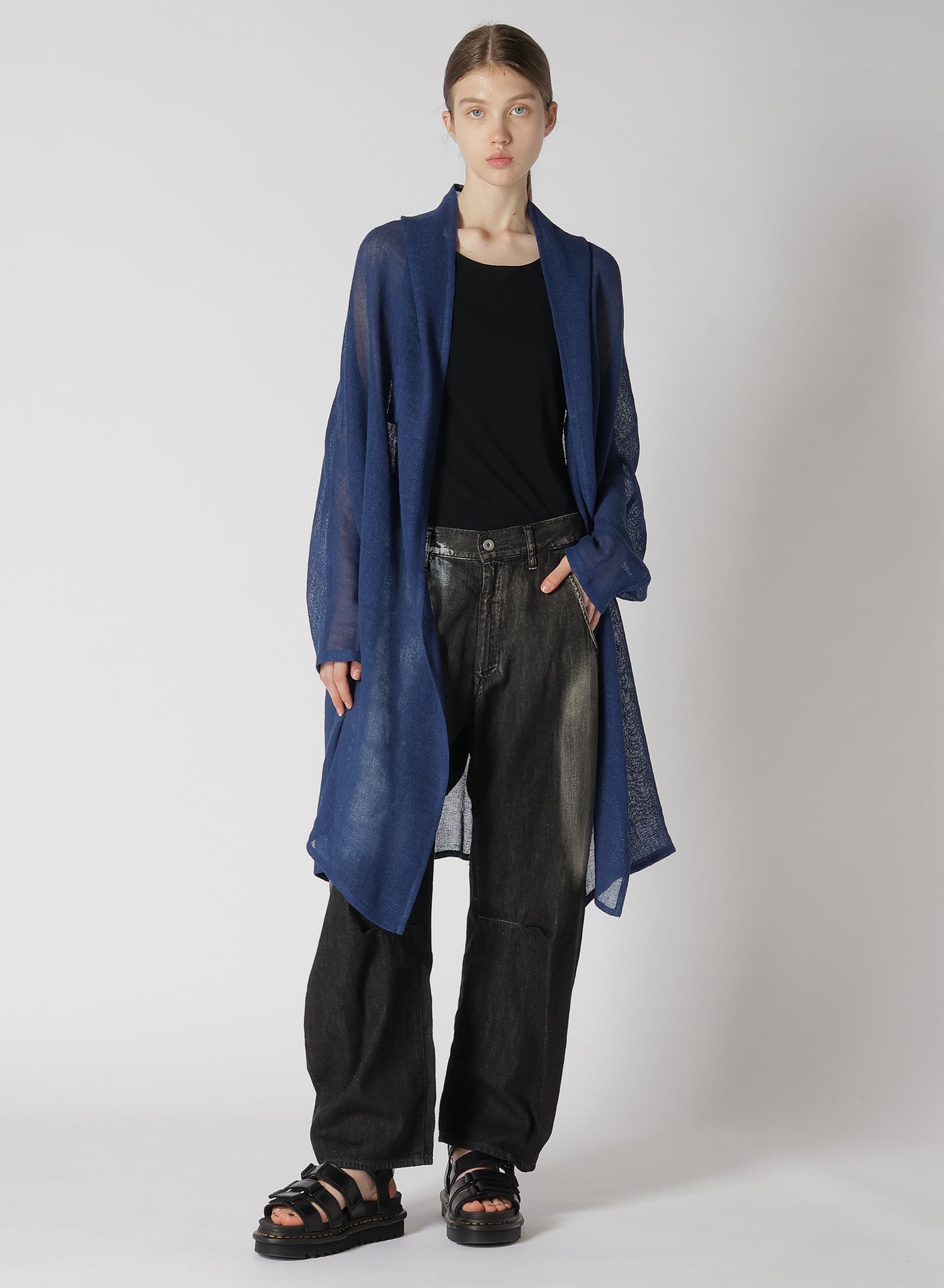 LENO CLOTH SHAWL COLLAR LONG CARDIGAN