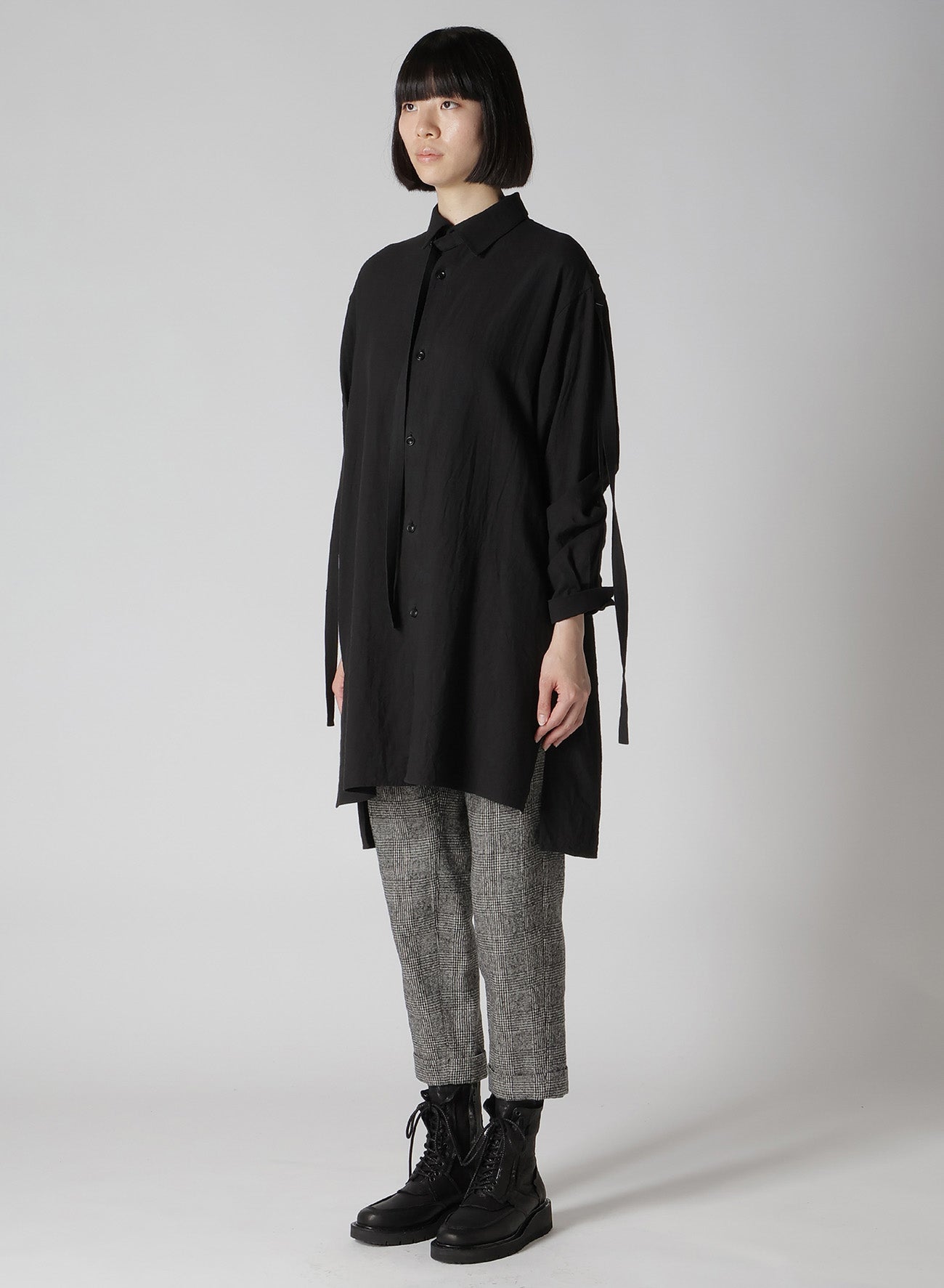 TWILL GARMENT WASH COLLAR/SLEEVE OPEN TAB BLOUSE