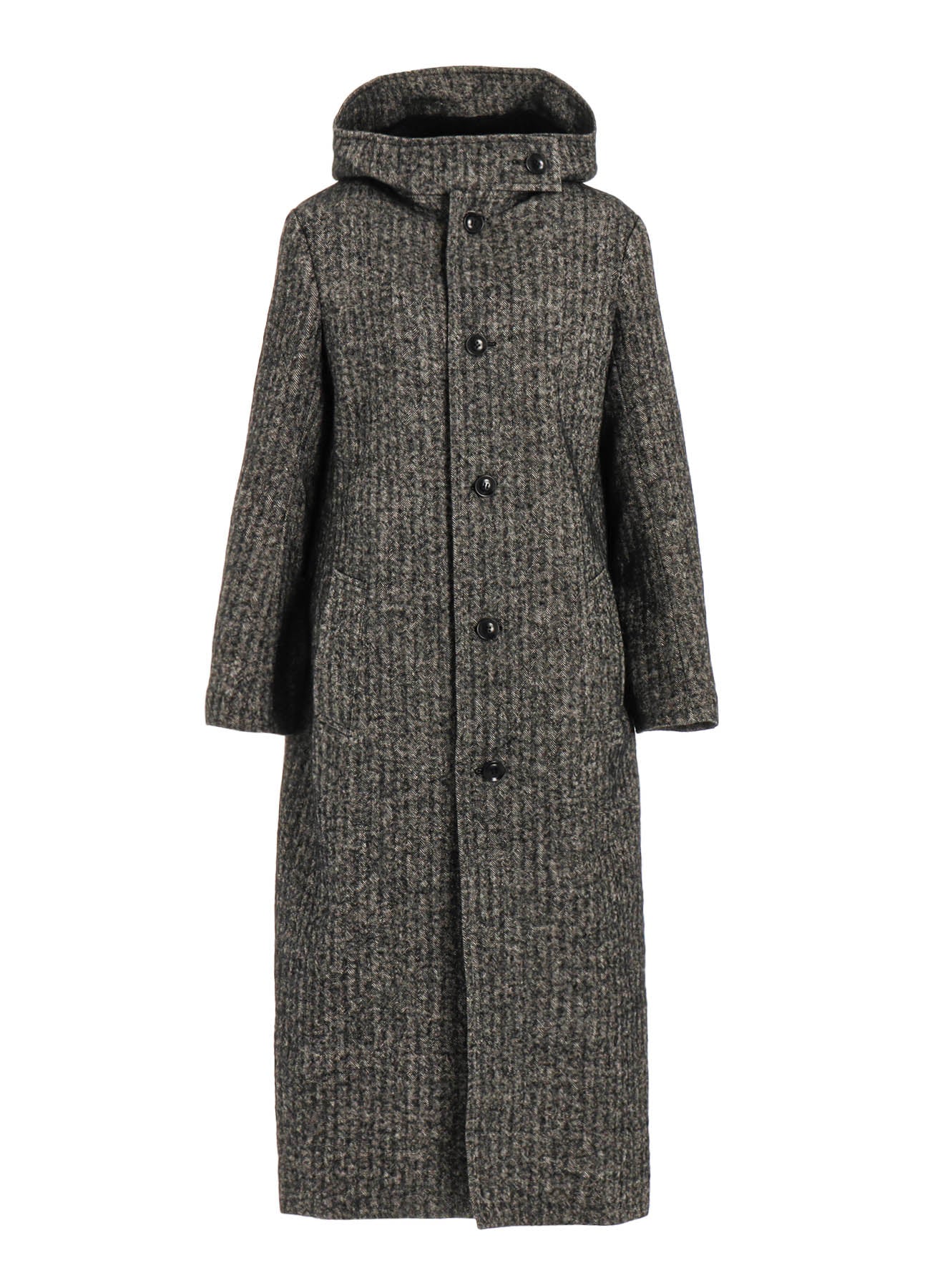 LINEN/WOOL RAISED HERRINGBONE LONG COAT WITH HOODIE