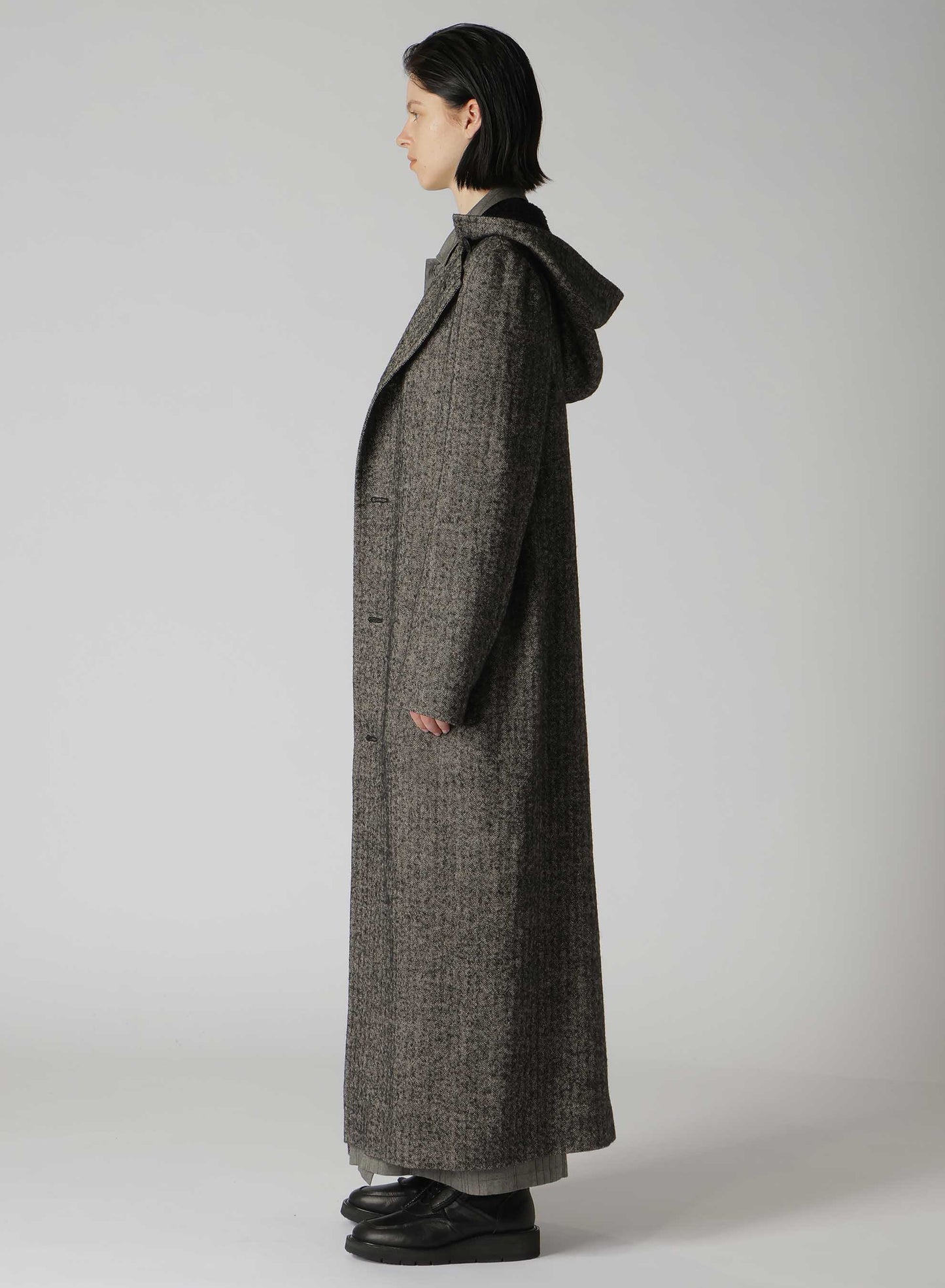 【10/4 12:00(JST) Release】LINEN/WOOL RAISED HERRINGBONE LONG COAT WITH HOODIE