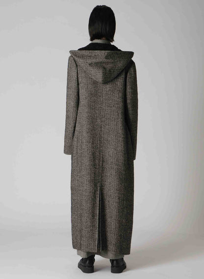 【10/4 12:00(JST) Release】LINEN/WOOL RAISED HERRINGBONE LONG COAT WITH HOODIE