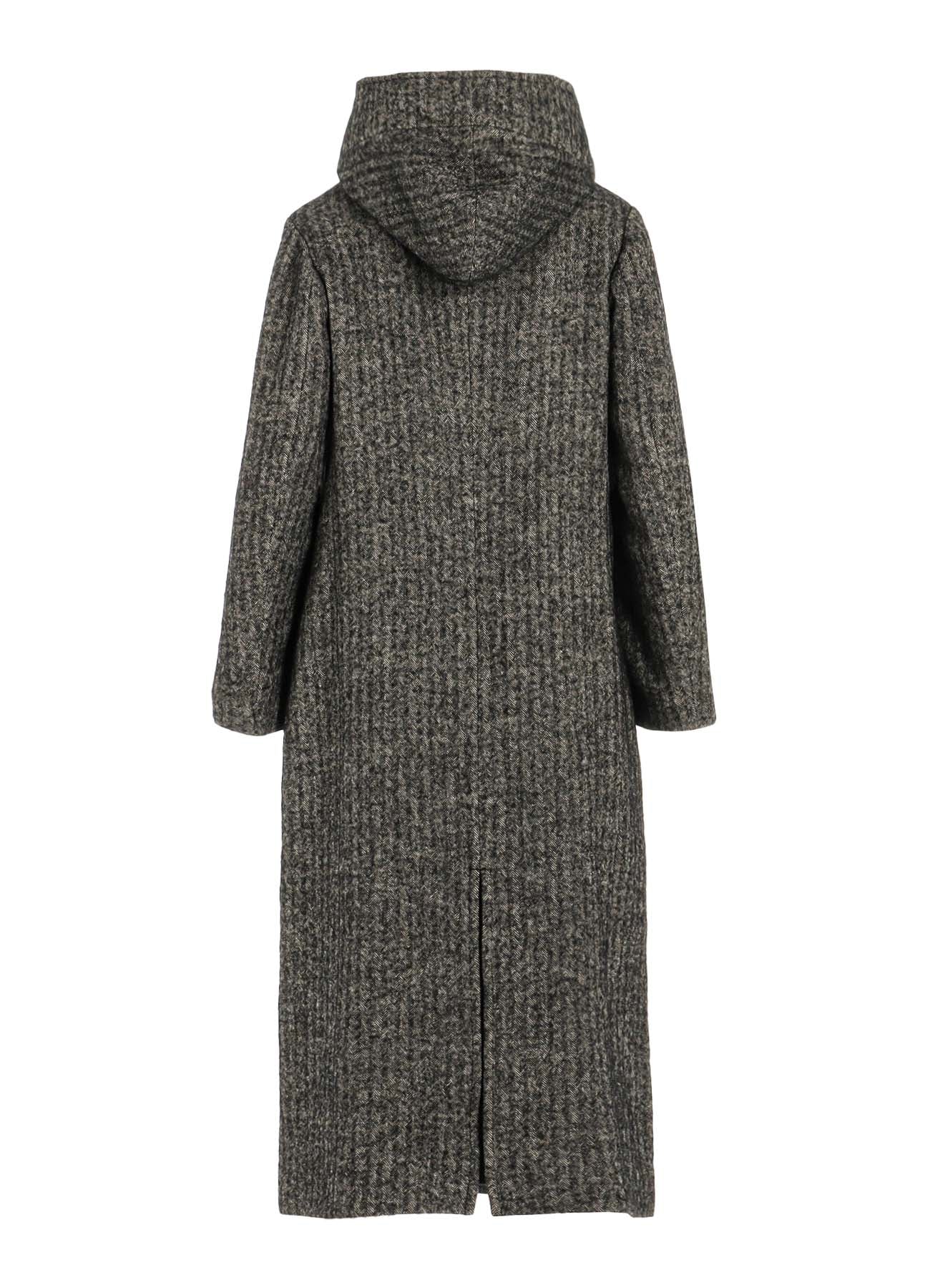 LINEN/WOOL RAISED HERRINGBONE LONG COAT WITH HOODIE