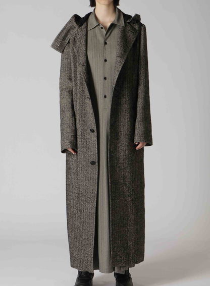 LINEN/WOOL RAISED HERRINGBONE LONG COAT WITH HOODIE