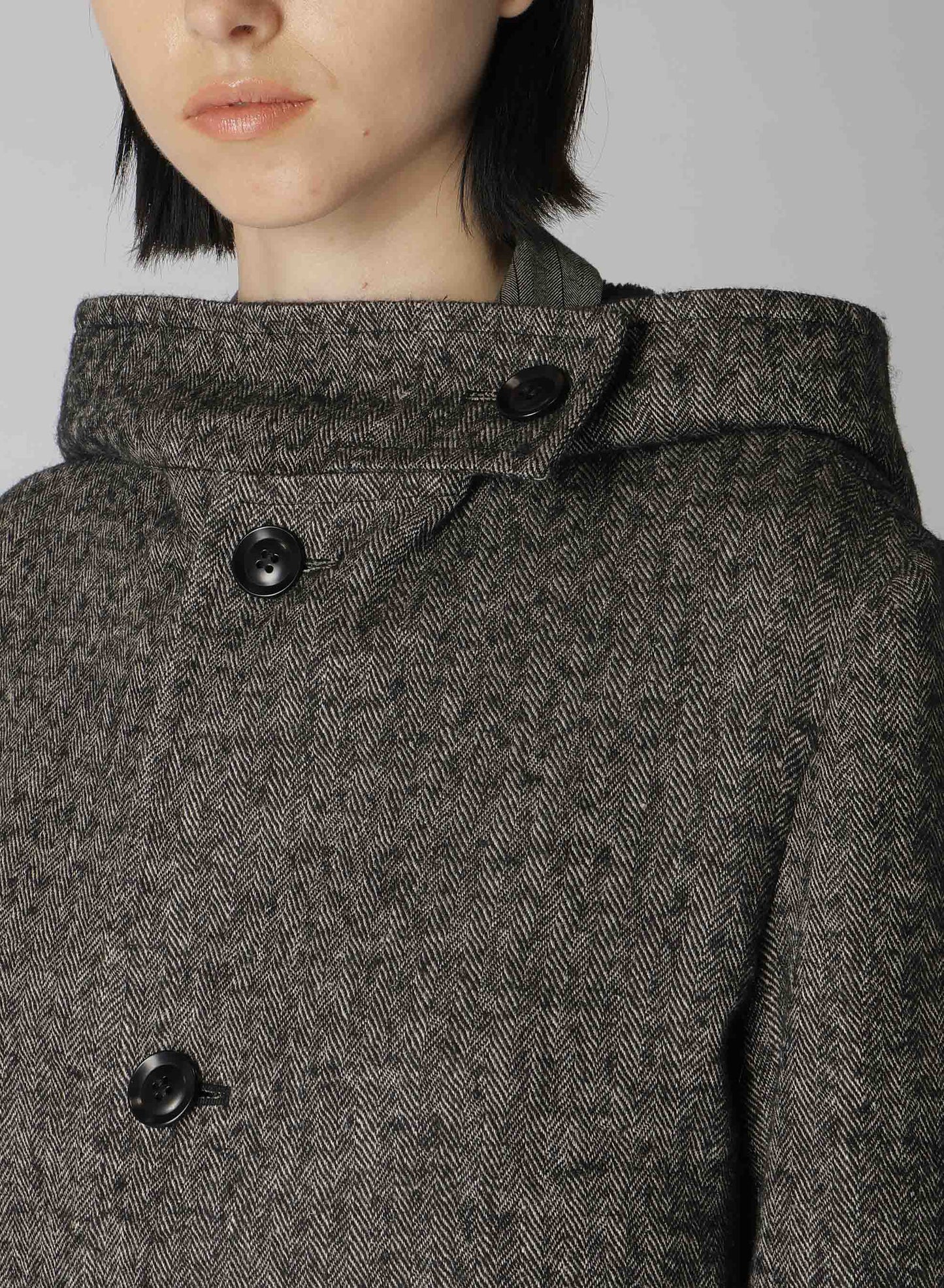 【10/4 12:00(JST) Release】LINEN/WOOL RAISED HERRINGBONE LONG COAT WITH HOODIE